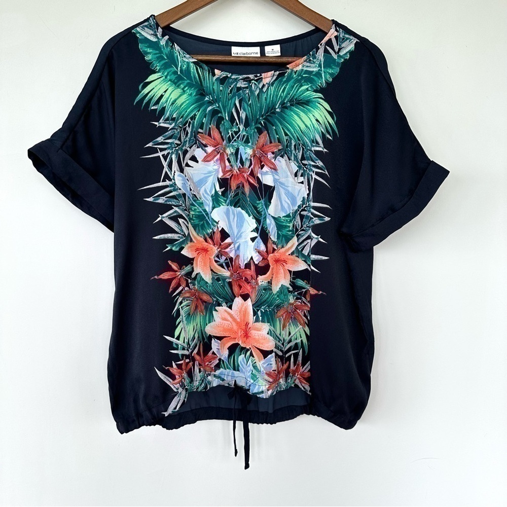 Liz Claiborne satin top, dolman cut with crew neck, loose fitting
